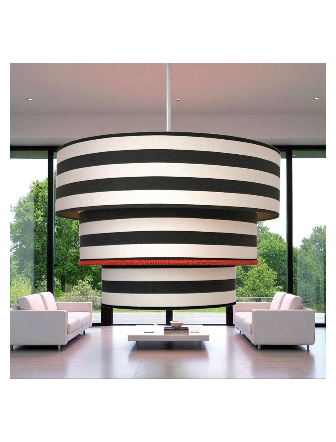 Gabi white and black striped triple lampshade/chandelier